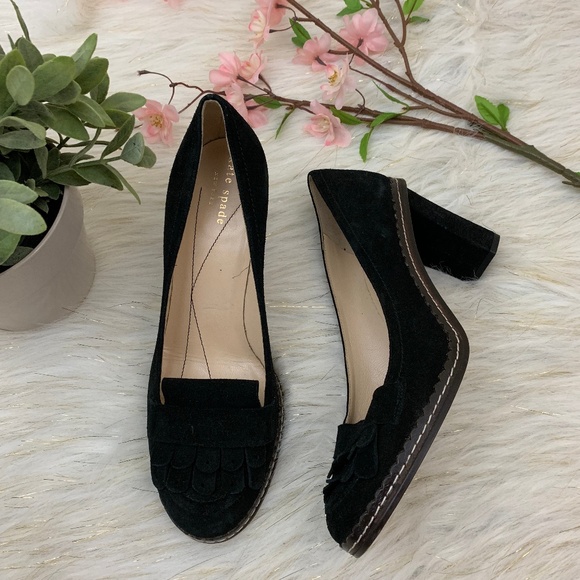 kate spade Shoes - Kate Spade Suede Fringe Kiltie Heeled Loafer Black